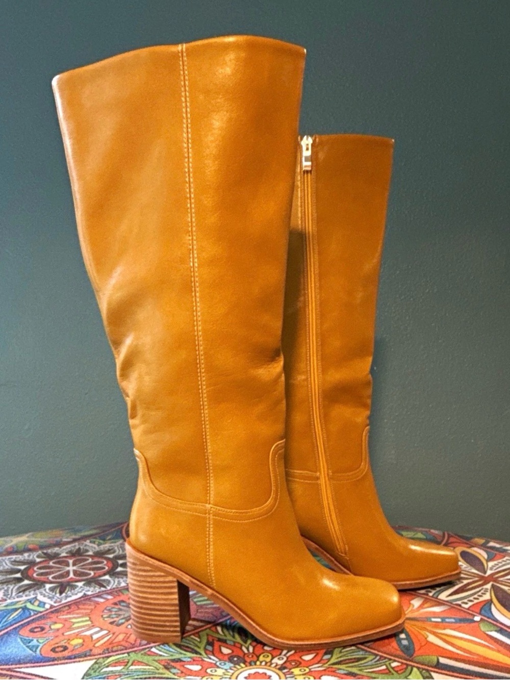 Women's Knee-High Cognac Leather Block Heel Boots